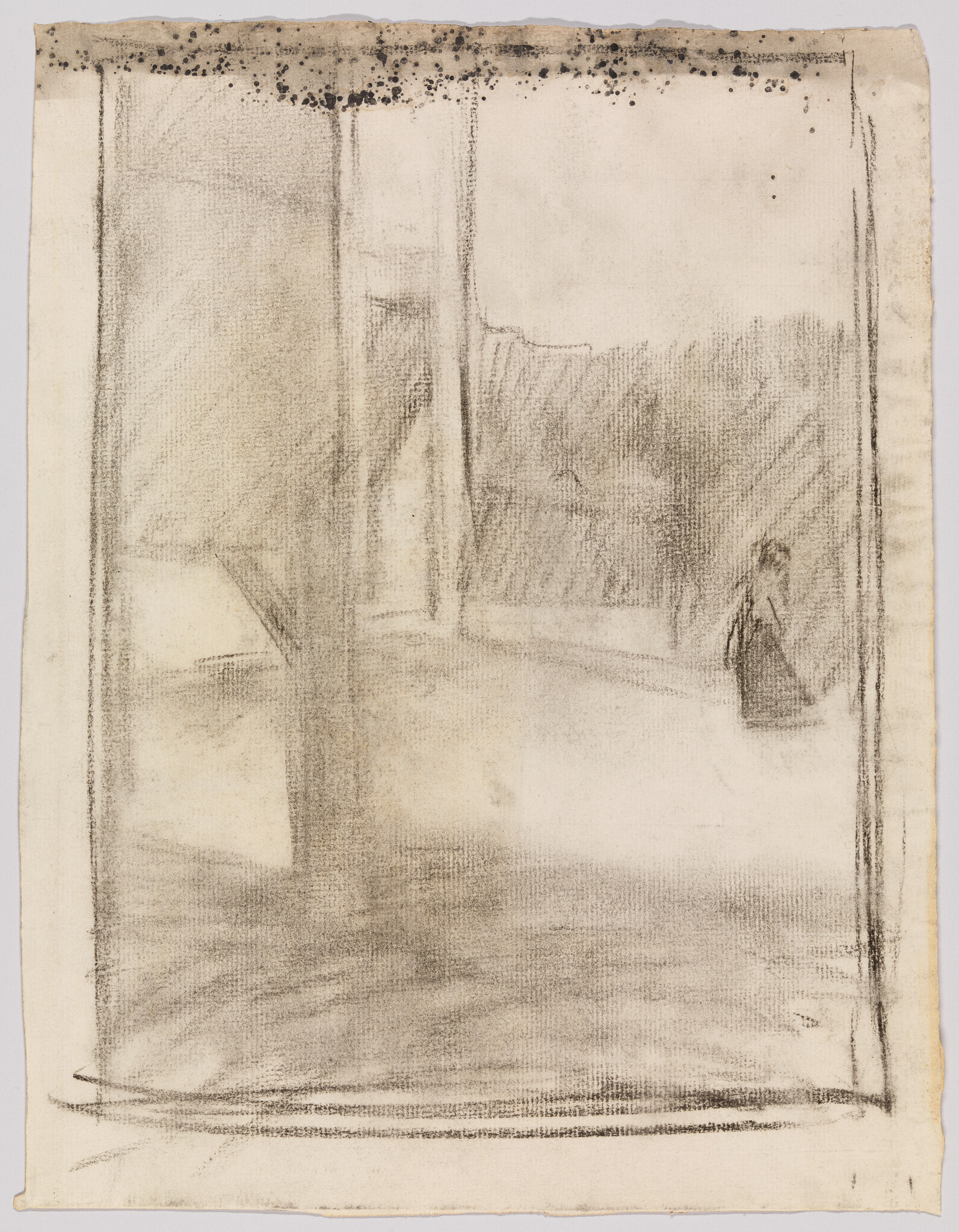 A soft charcoal sketch of a columned porch opening onto a hazy landscape with a lone figure.