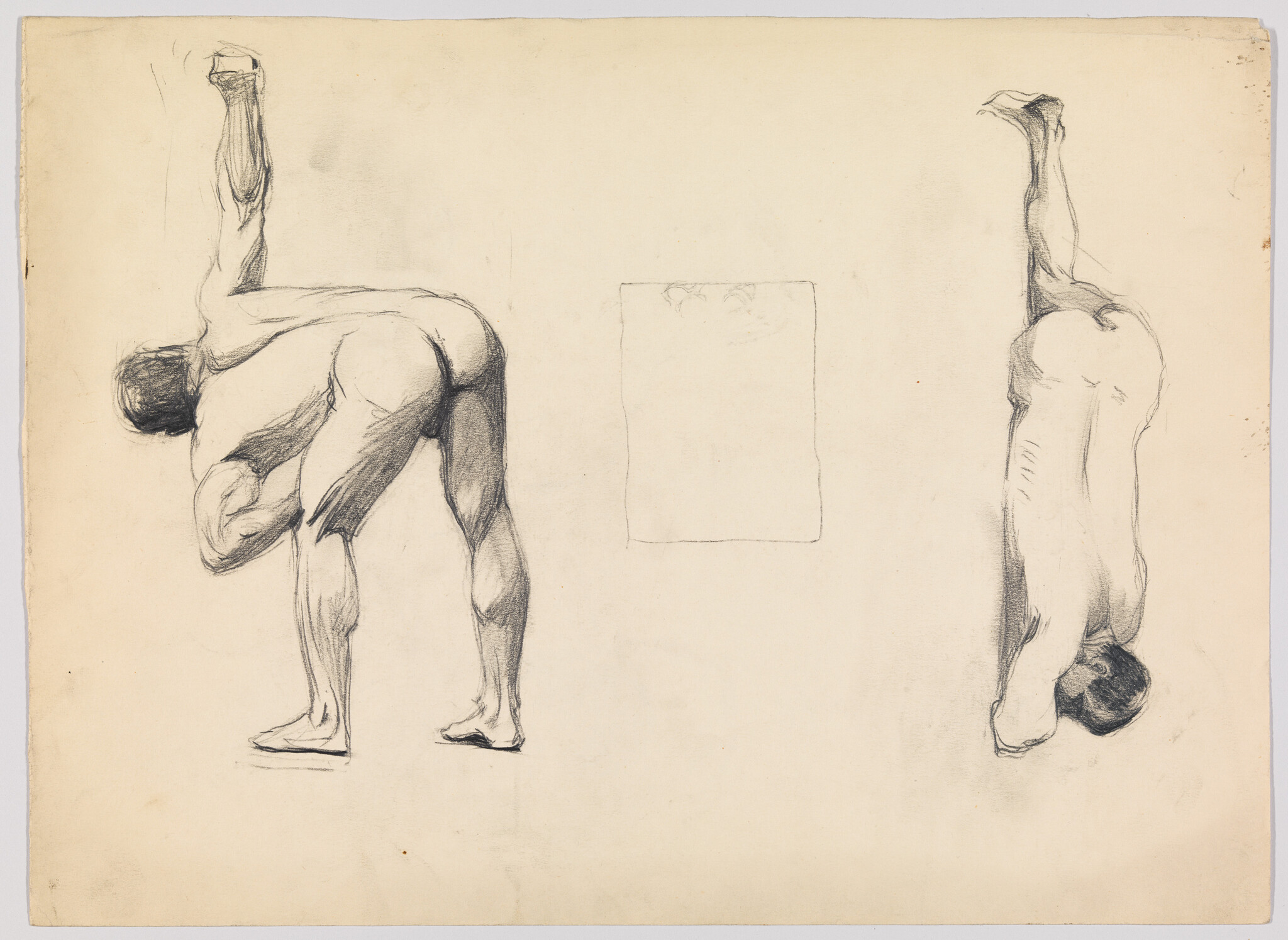 Two pencil sketches of a nude man bending forward with one arm raised and another upside-down study.