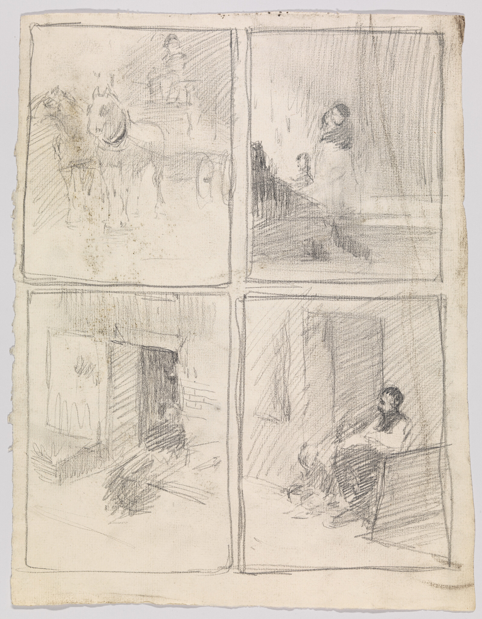 Four rough pencil sketches showing a horse and carriage, a doorway, and a seated man.