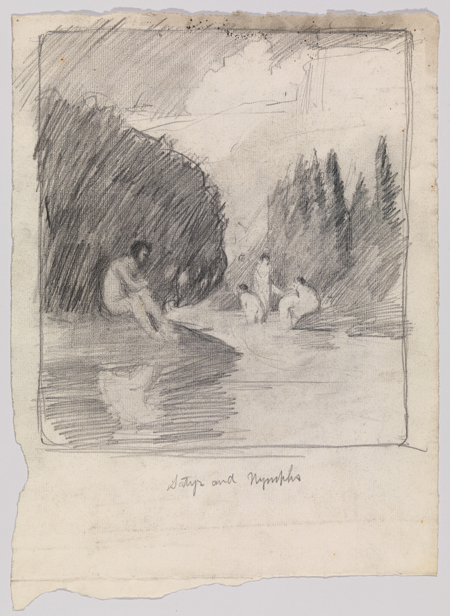 A pencil sketch showing a satyr reclining by a river while nymphs bathe nearby, titled "Satyr and Nymphs."