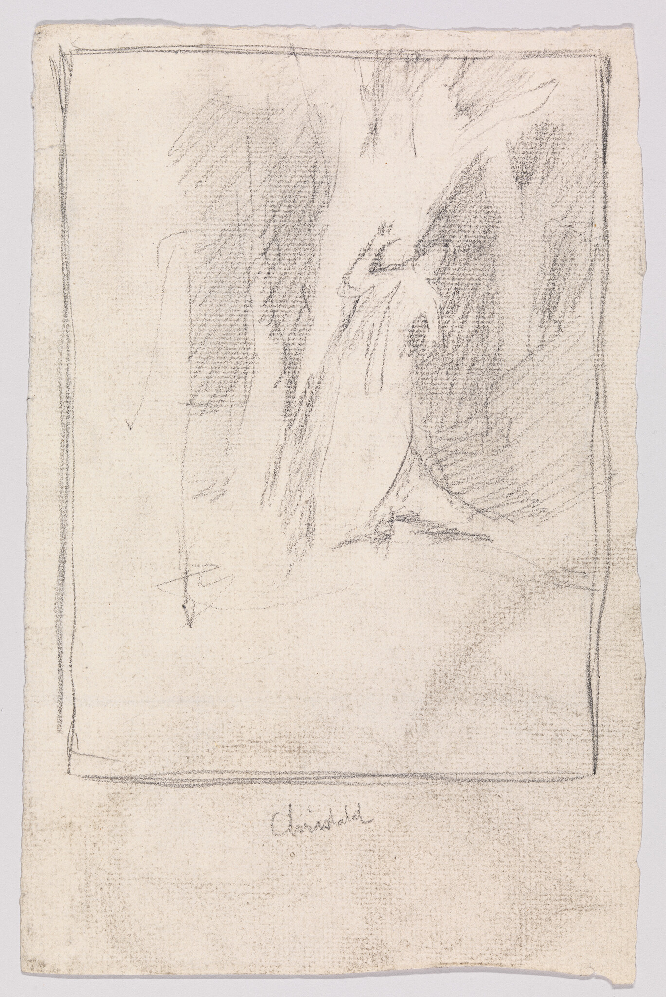 A rough pencil sketch shows a lone robed figure standing beneath tall, shadowed trees.