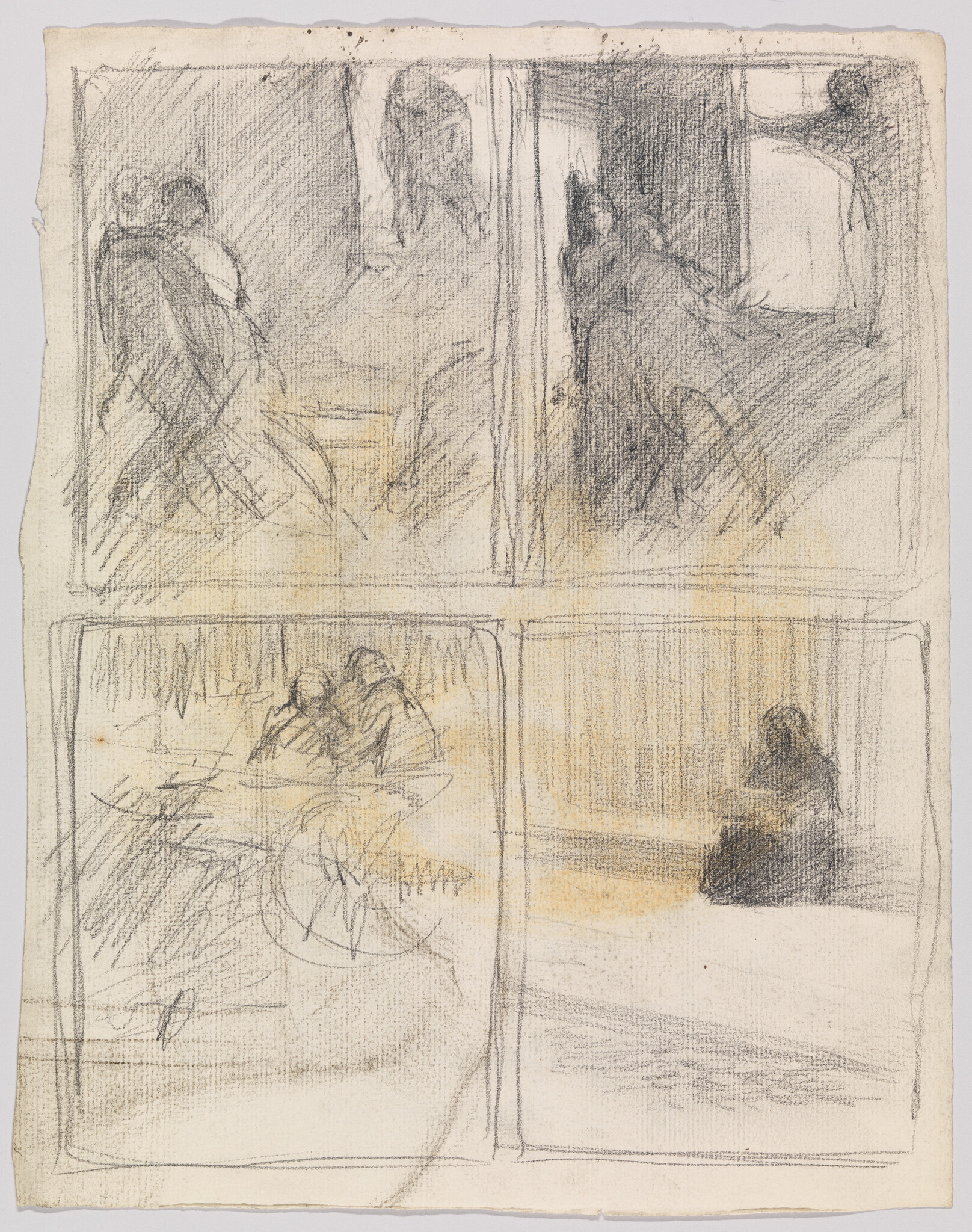 Four-panel pencil sketch showing shadowy figures in interior scenes, one person sitting alone.