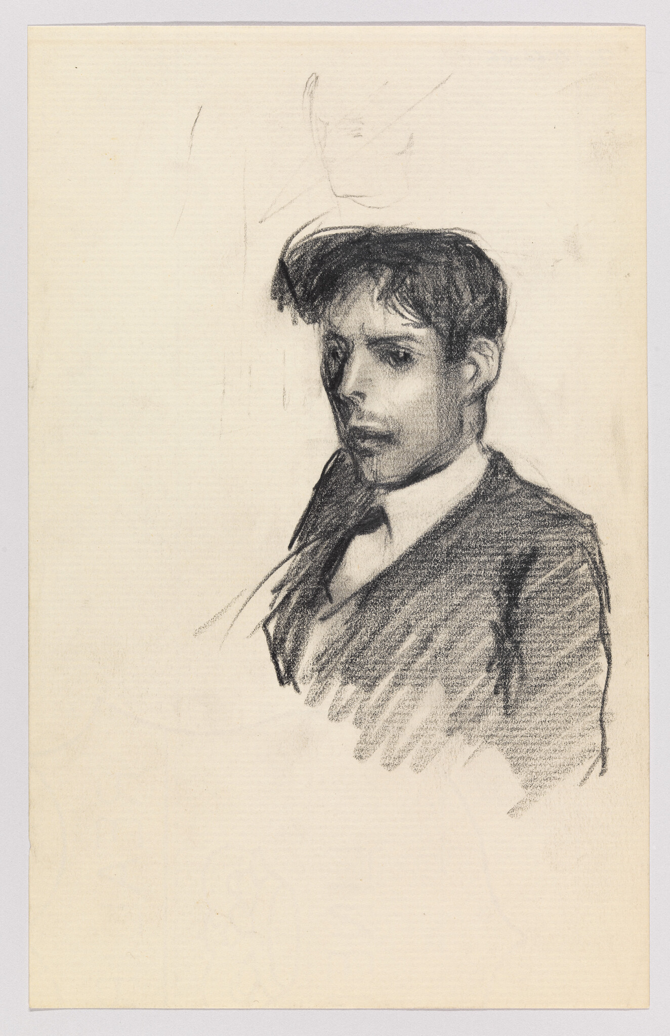 Young man in a suit and tie drawn in charcoal, looking slightly to the side with a serious expression.