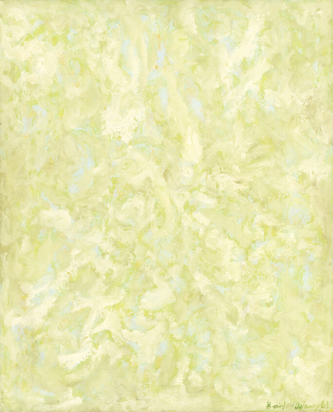 Abstract painting with soft yellow-green swirls and subtle light blue highlights across the canvas.