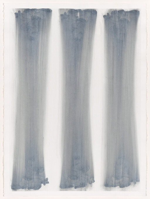 Three tall vertical gray-blue brushstrokes on white paper with soft, blurred edges.
