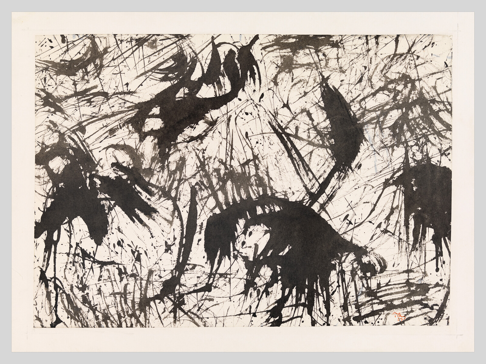 Abstract black ink splatters and drips creating chaotic, sweeping strokes across a white background.