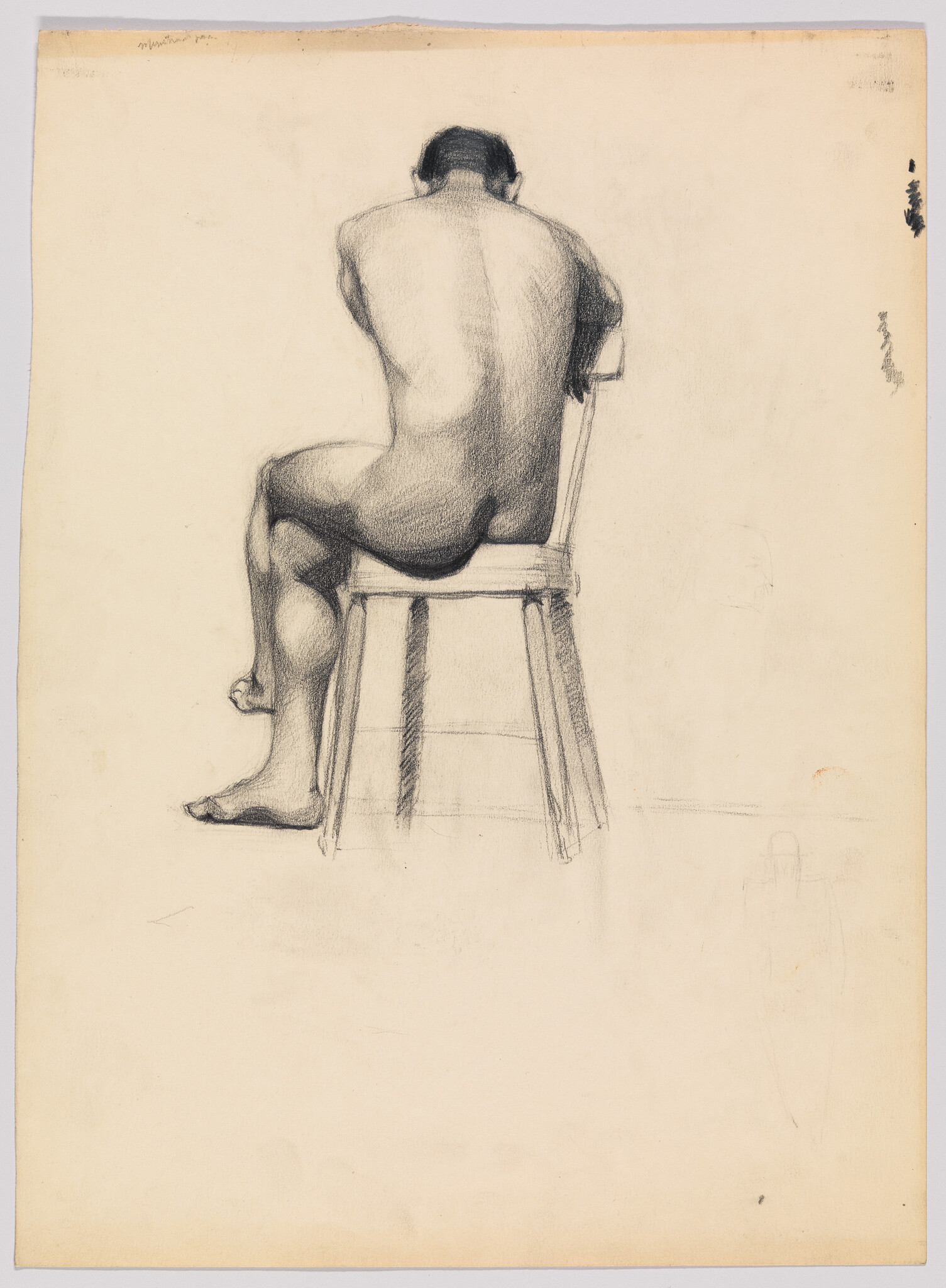 A charcoal sketch of a nude man sitting on a stool, shown from the back leaning forward.