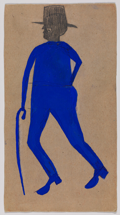 A person in a bright blue suit and hat walking with a cane, seen from behind.