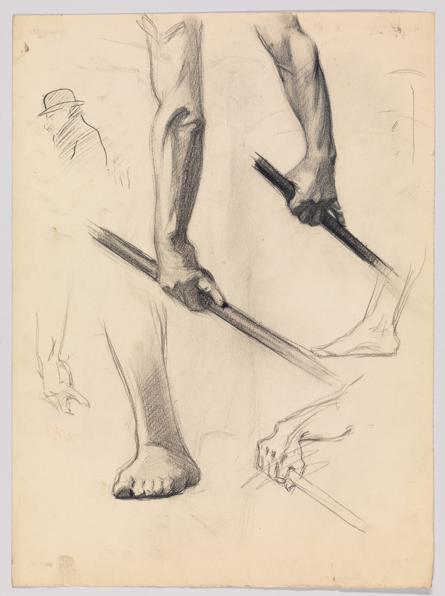 Charcoal study of forearms, hands gripping a long pole and a bare foot.
