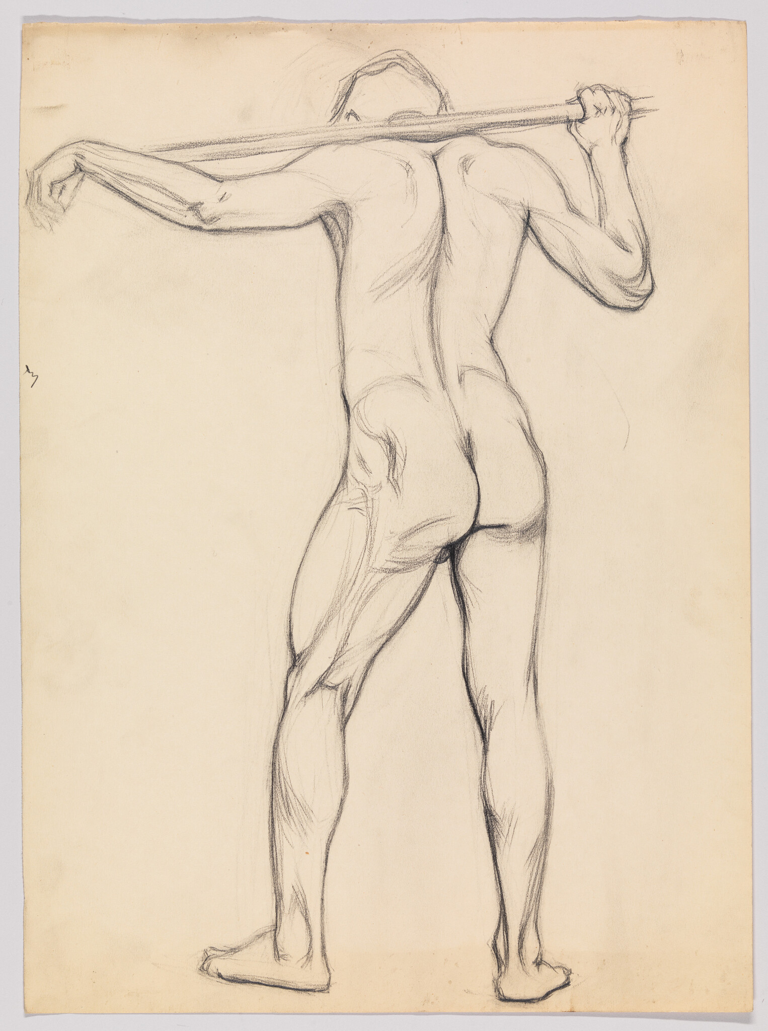 Nude male figure seen from behind holding a long pole across his shoulders.