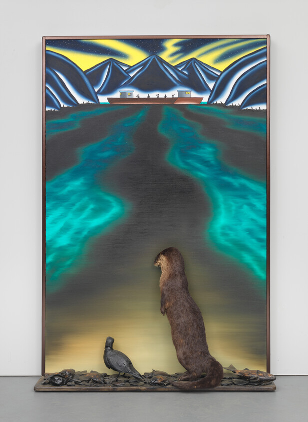 A standing otter and a bird look toward a glowing river and distant mountains with a boat.