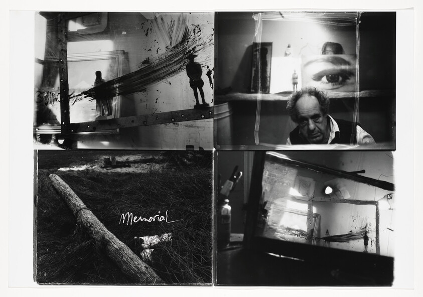 Four-panel black-and-white collage showing a man beneath a large eye, silhouetted figures, and 'Memorial' written on a log.