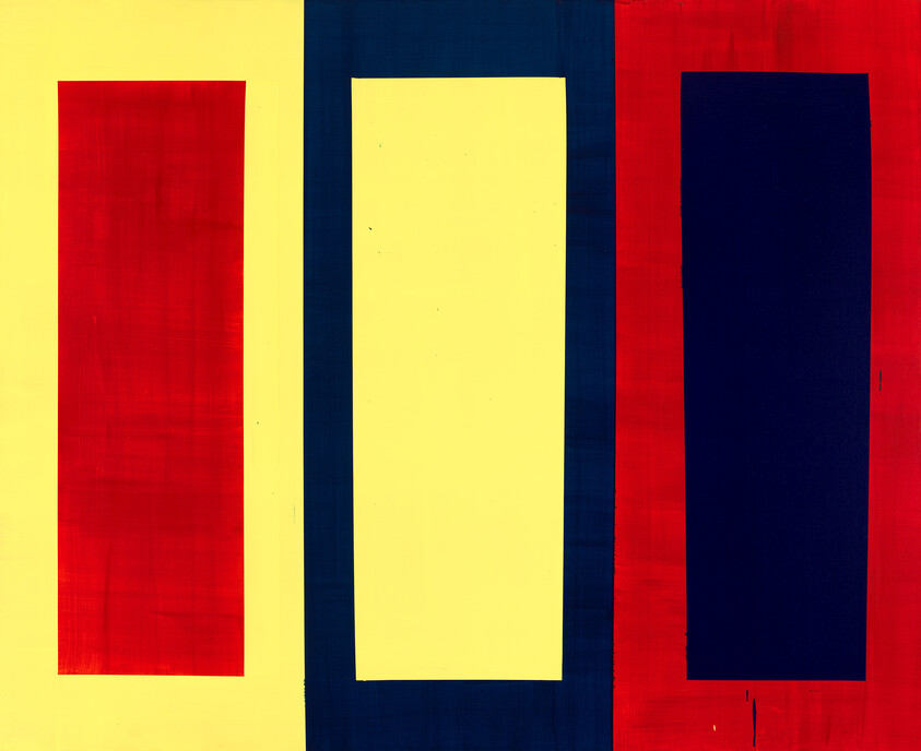 Three vertical rectangles side by side with a textured appearance, each a different color: red on the left, yellow in the center, and blue on the right, against a yellow background.