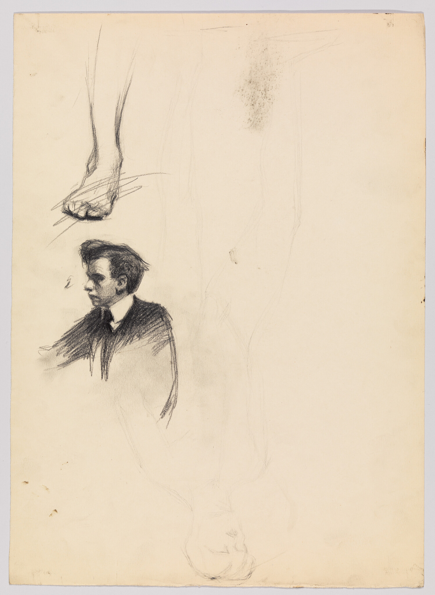 Pencil sketch showing a young man's head study and two separate foot studies on paper.