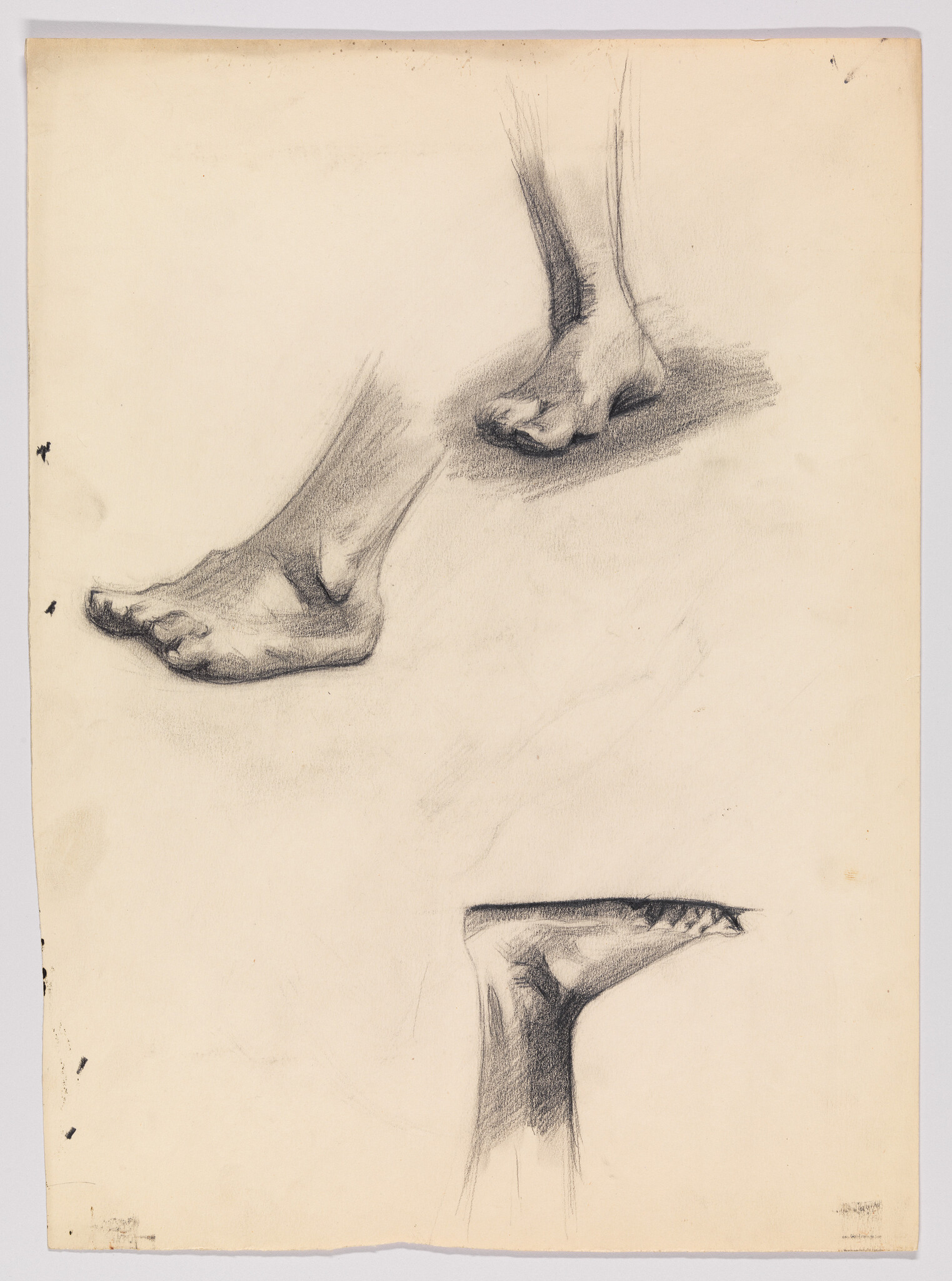 Two charcoal studies of a bare foot and ankle with shading and contour lines.