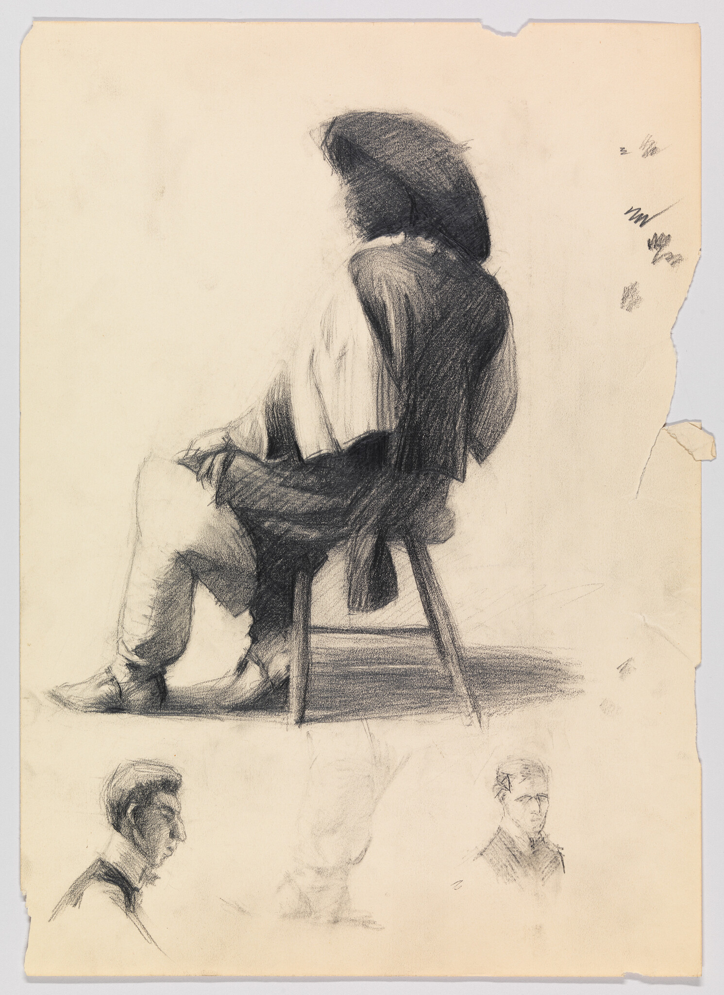 A charcoal sketch of a seated person wearing a wide-brimmed hat, sitting on a small stool.