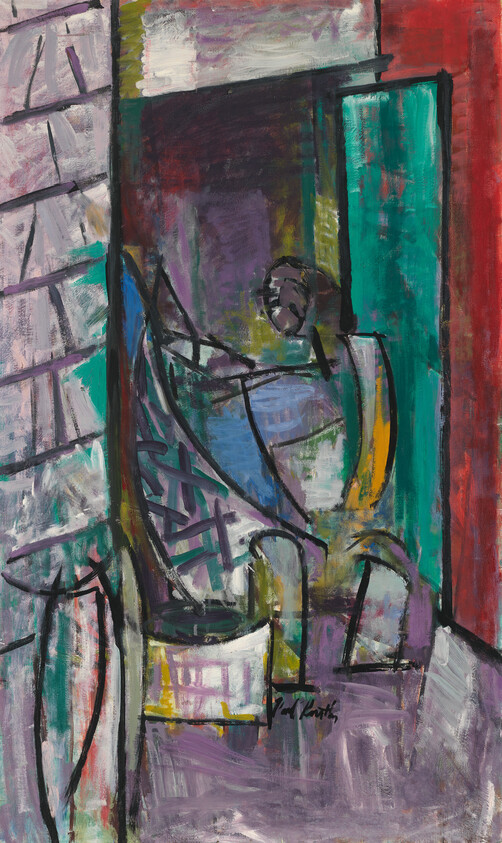 A person sitting in a chair near a doorway in a colorful abstract interior.