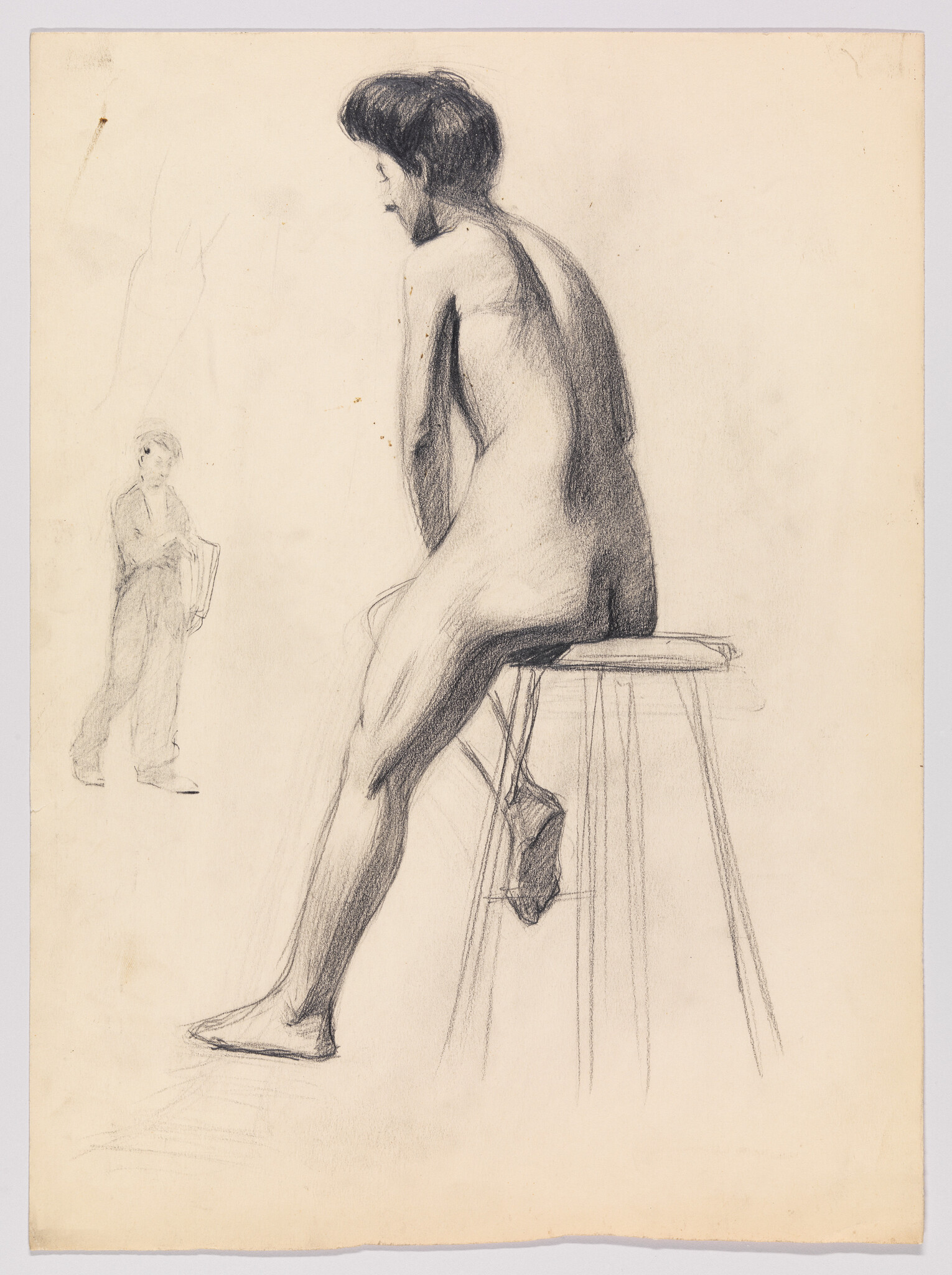 A charcoal sketch of a nude woman sitting on a tall stool and looking downward.