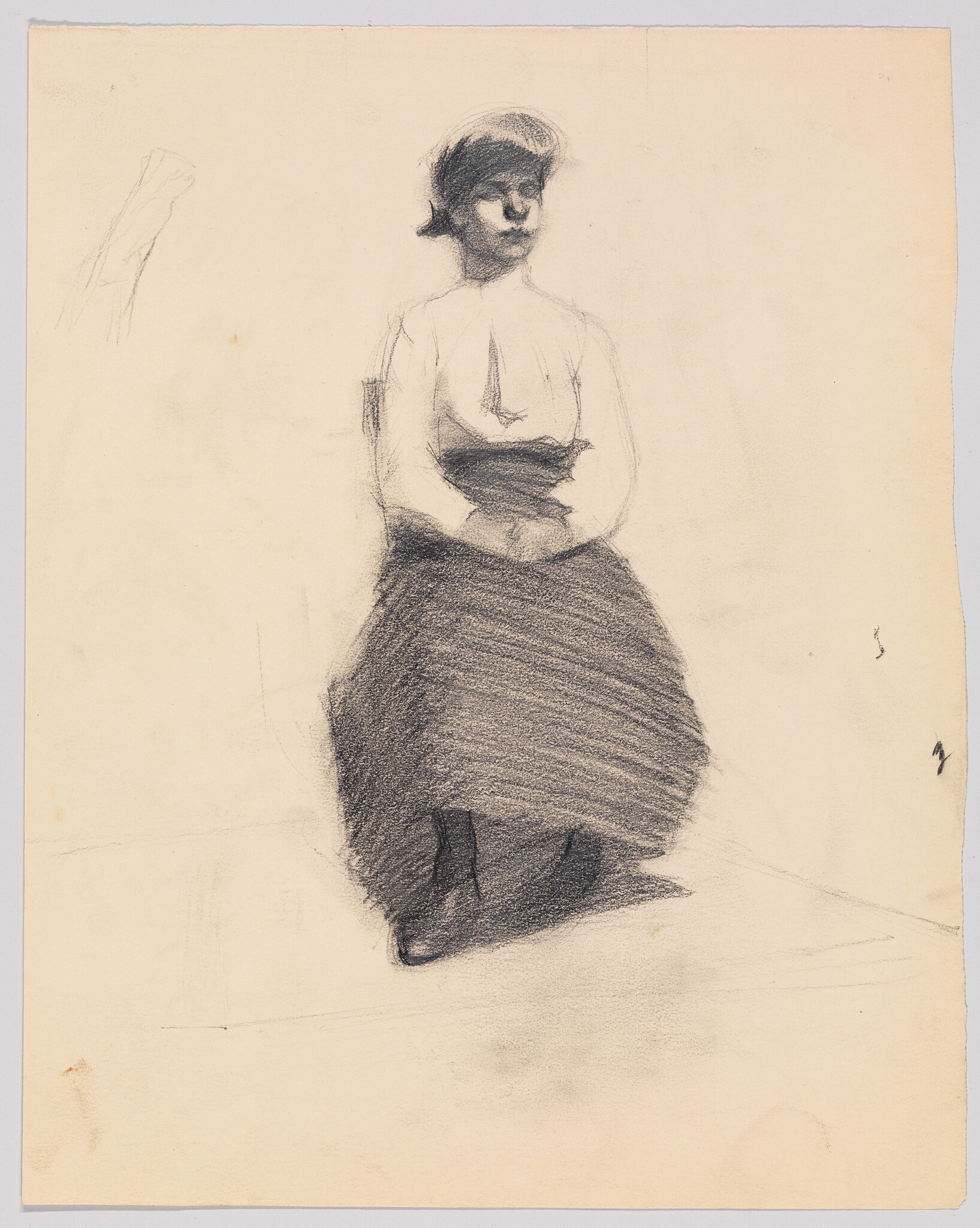 Charcoal sketch shows a seated woman with folded hands wearing a blouse and long skirt.