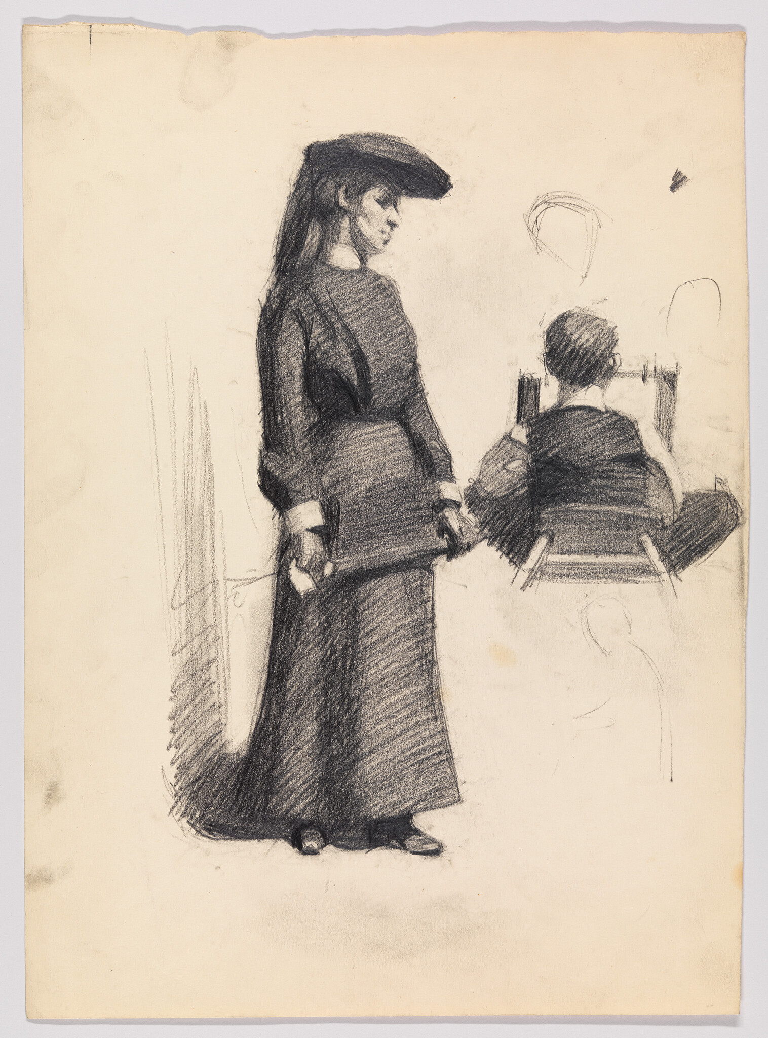 A sketch on aged paper depicting a woman in profile wearing a long dress and a hat, standing to the left. To the right, there's a partial sketch of a seated person facing away, possibly drawing or writing at a desk. The background contains faint outlines of other figures and shapes, suggesting an artist's preliminary work or practice strokes.