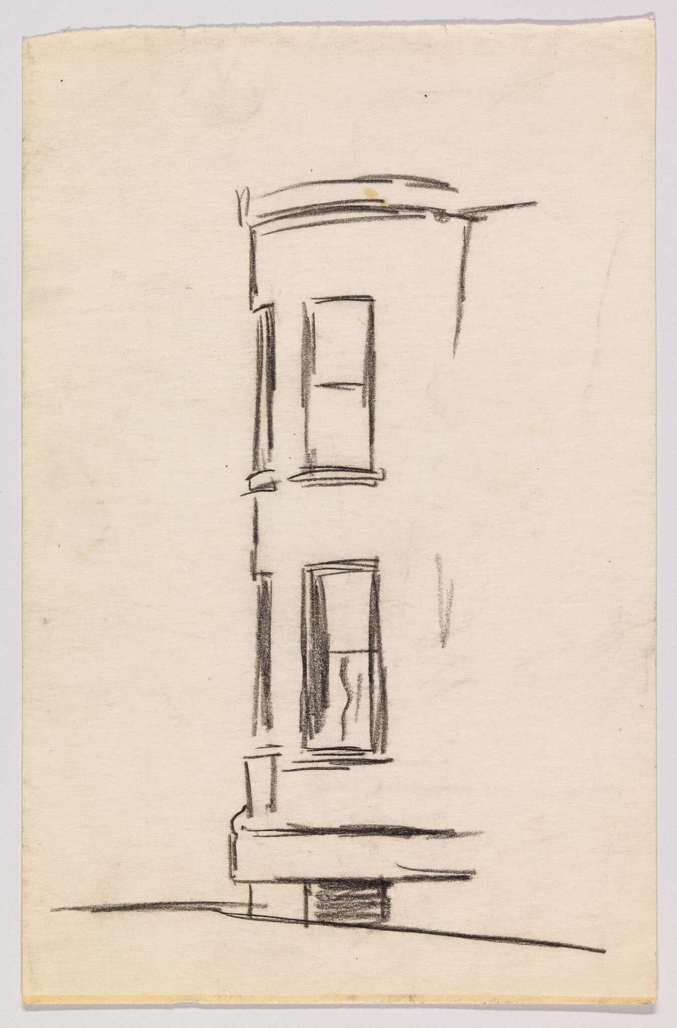 A simple charcoal sketch of a building corner showing two windows and a small stoop.
