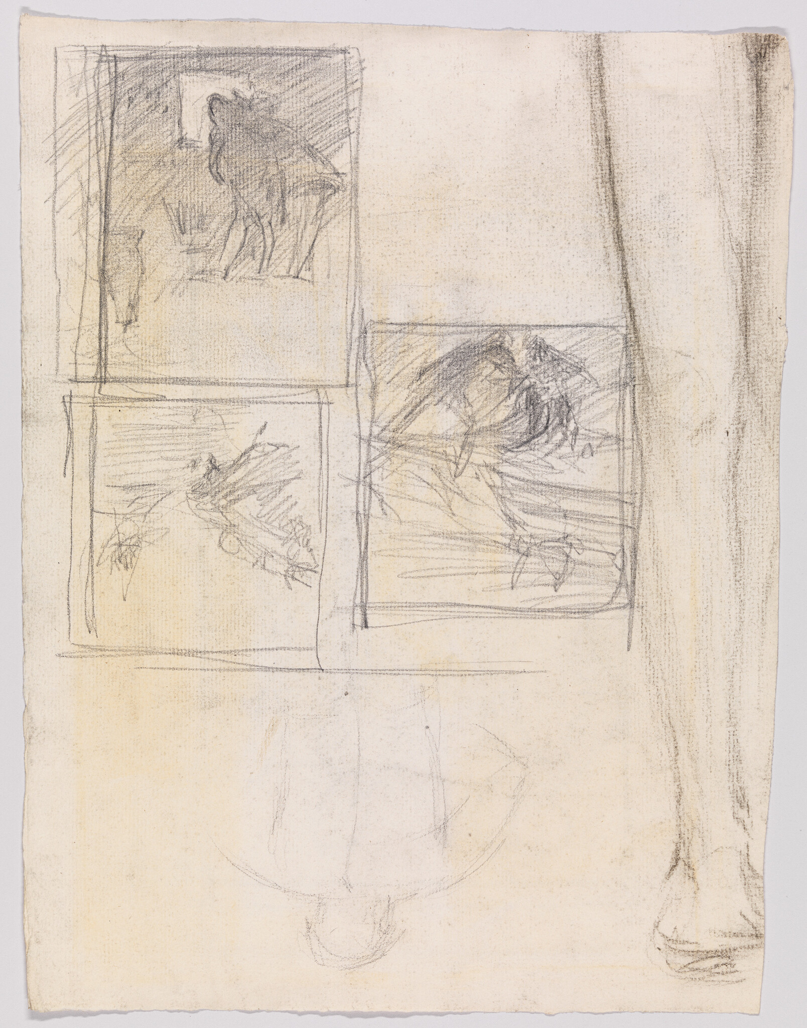 Multiple small rough pencil sketches including two framed scenes and a partial standing leg on the right.