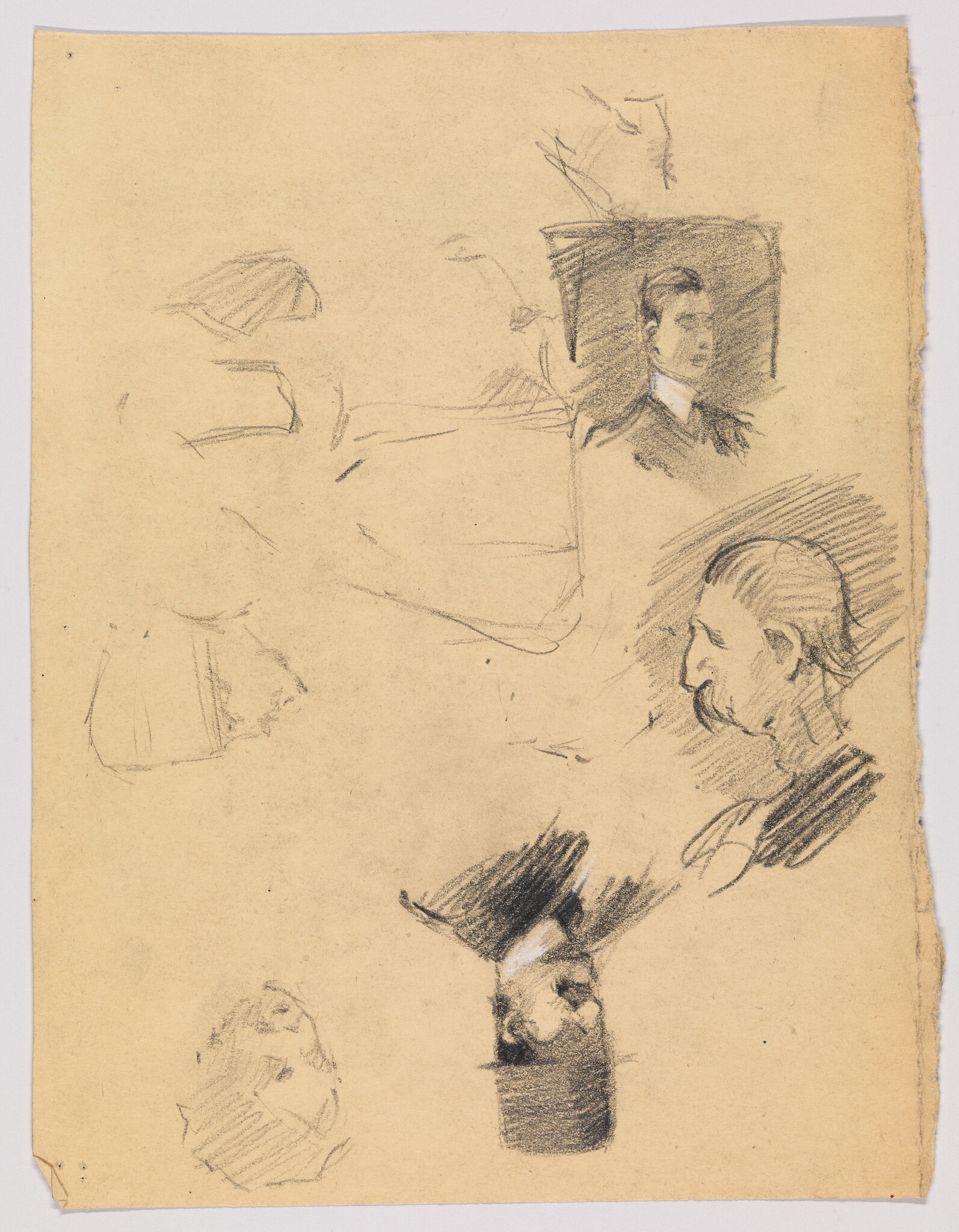 Several quick pencil head and portrait sketches of men on a worn sheet of paper.