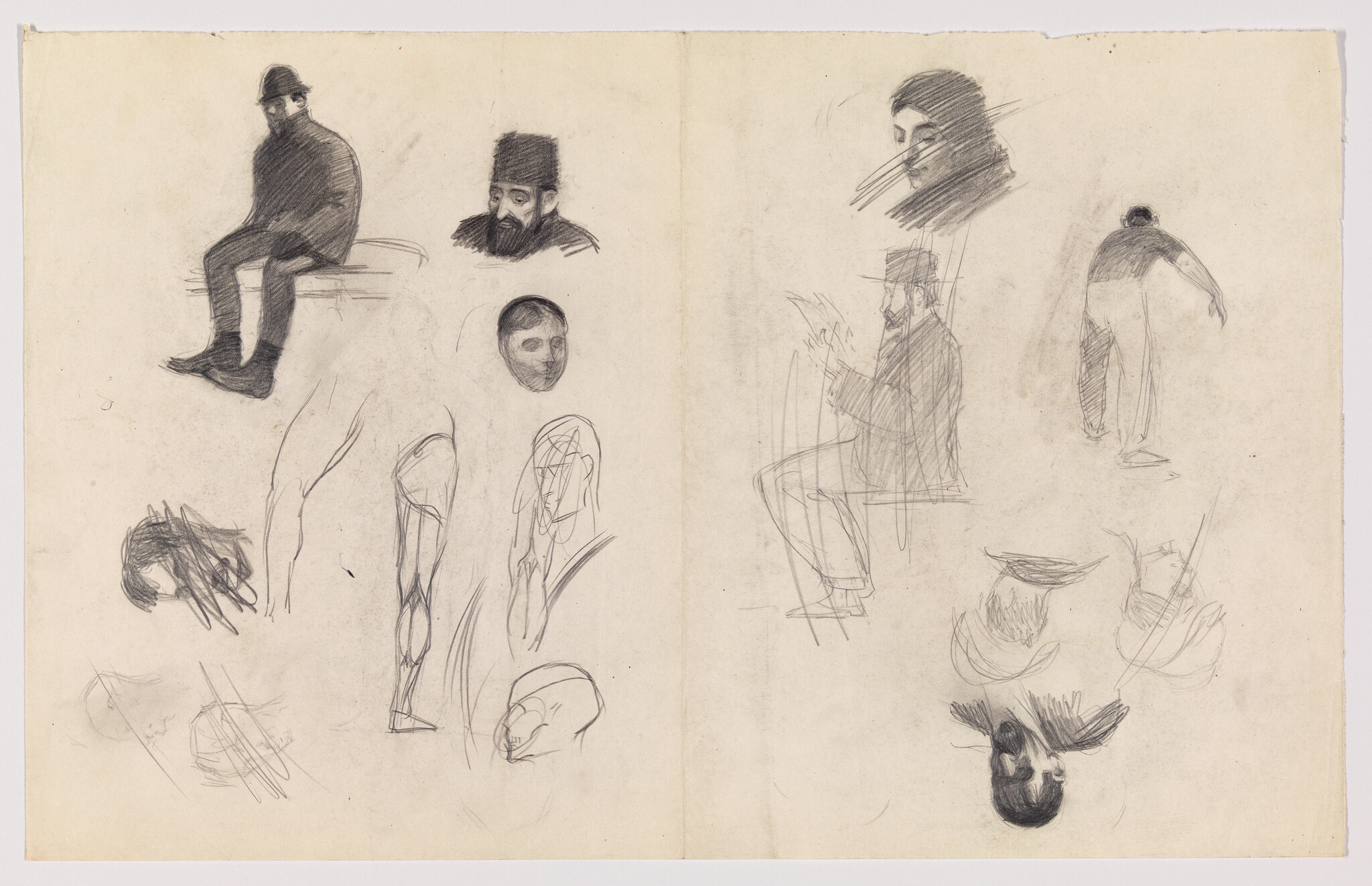 Multiple pencil sketches showing seated and standing male figures, heads, and leg studies on paper.