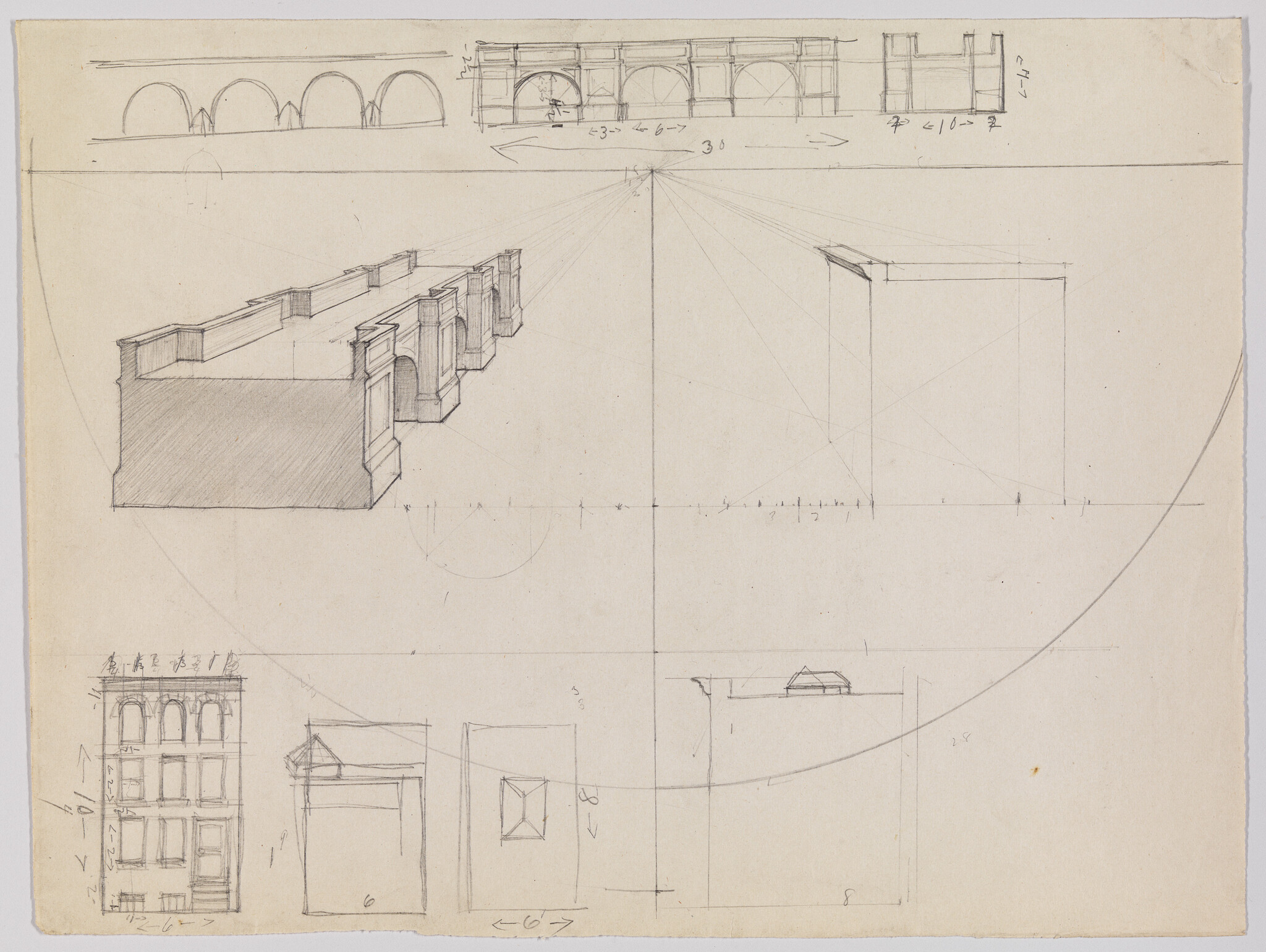 Several pencil perspective sketches of building facades and arched openings with construction lines.