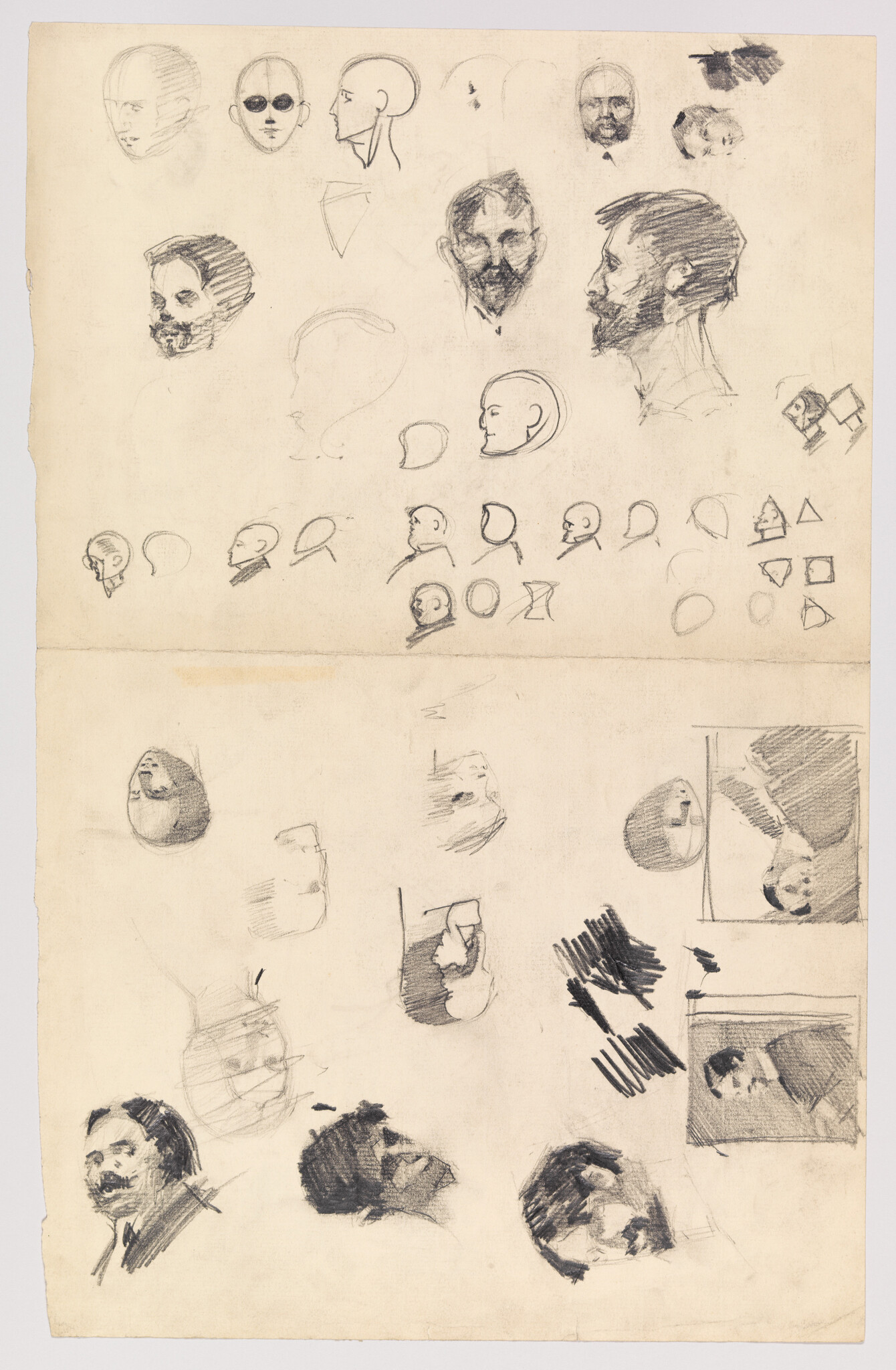 Multiple pencil sketches of male heads and profiles arranged across a sheet of paper.