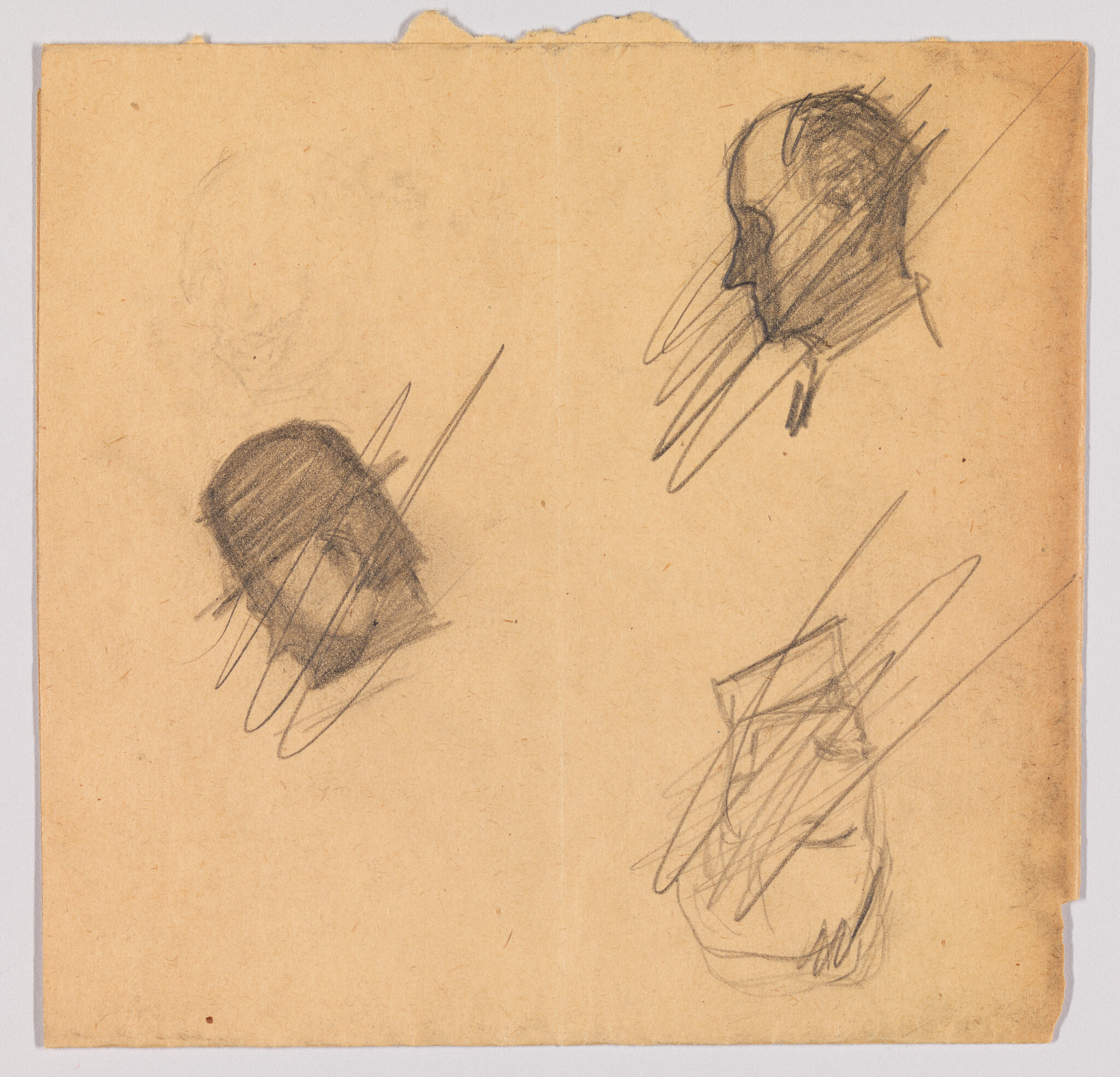 Three quick pencil head sketches on aged paper showing two profiles and one downward view.
