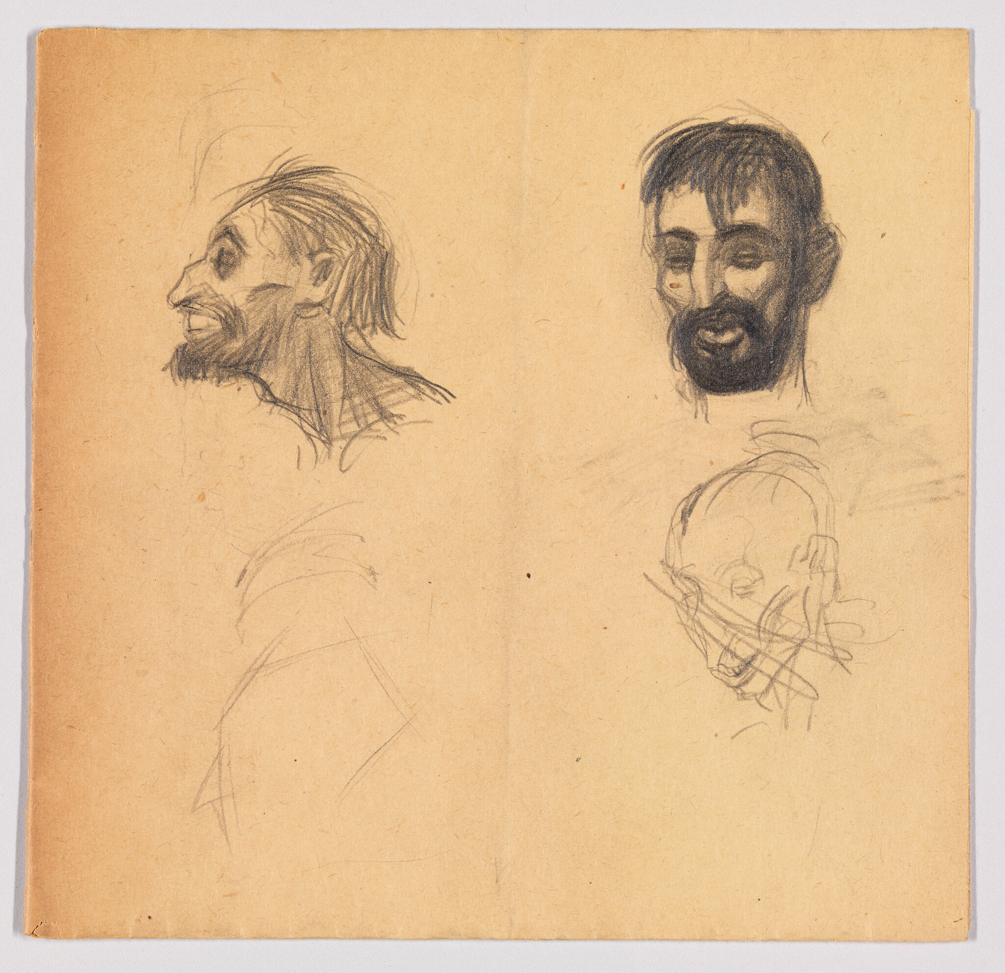 Three pencil sketches of bearded men's heads on aged paper, showing different angles and expressions.