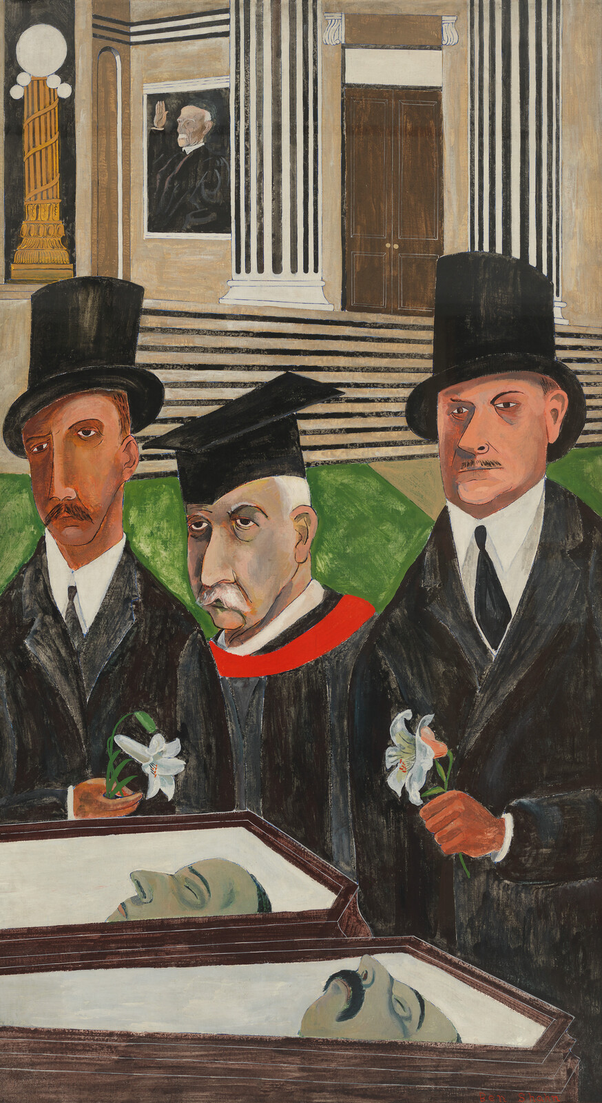 Painted with angular lines and emotionless faces, three suited men gaze over two open caskets, with a courthouse in the background