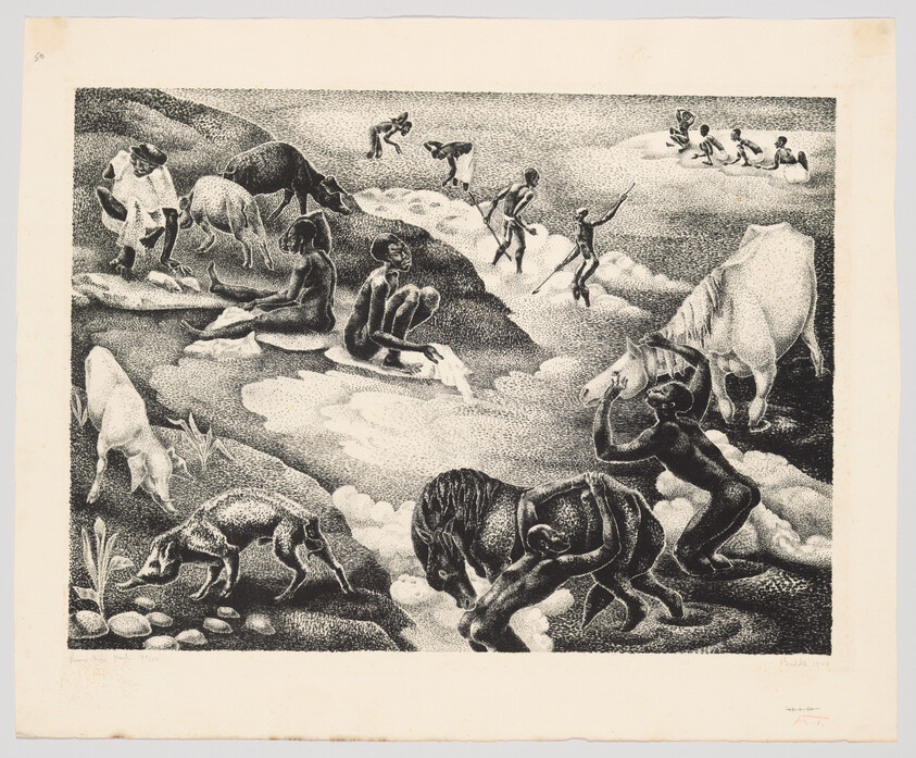 Several people wash clothes and herd cattle in a riverside scene while children play nearby.