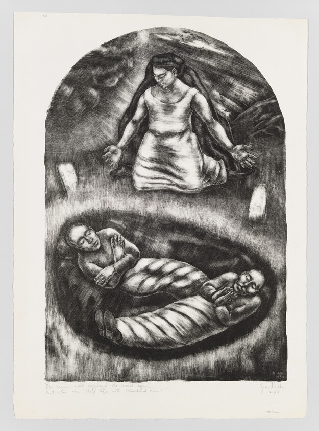 A grieving figure kneels above two shrouded bodies lying together in a dark circular grave.