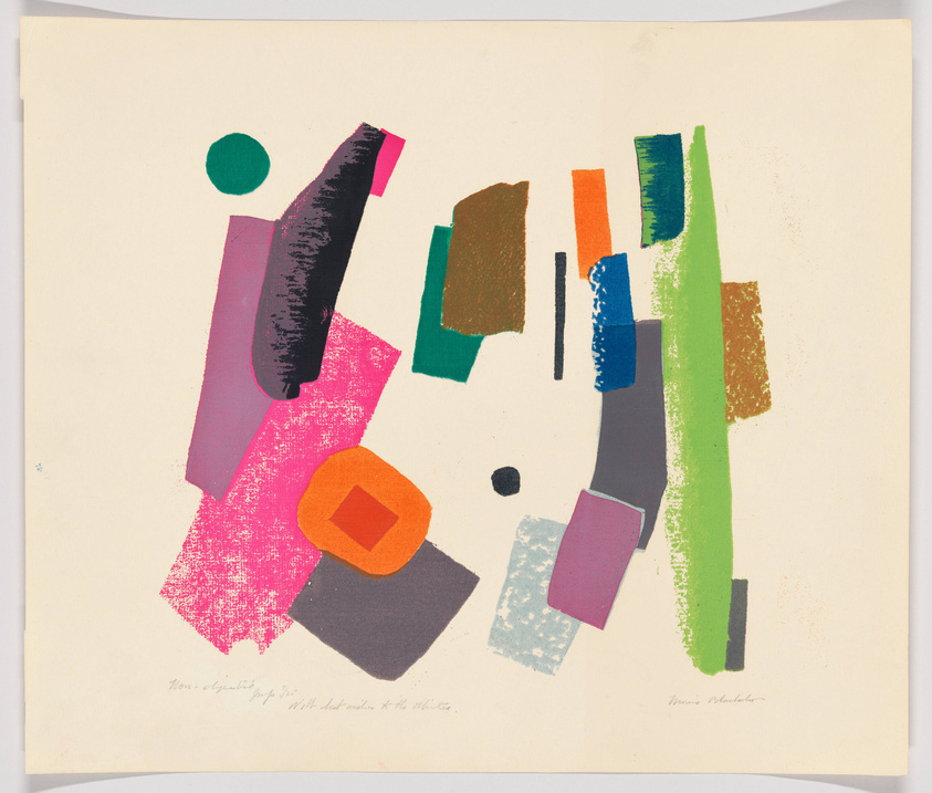 A colorful abstract print featuring a variety of shapes and textures in a composition that includes pink, green, orange, and blue elements on an off-white background. The image also contains handwritten text at the bottom left and a signature at the bottom right.