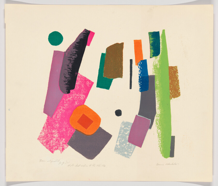 Abstract arrangement of colorful geometric shapes and brushlike marks on a cream background.