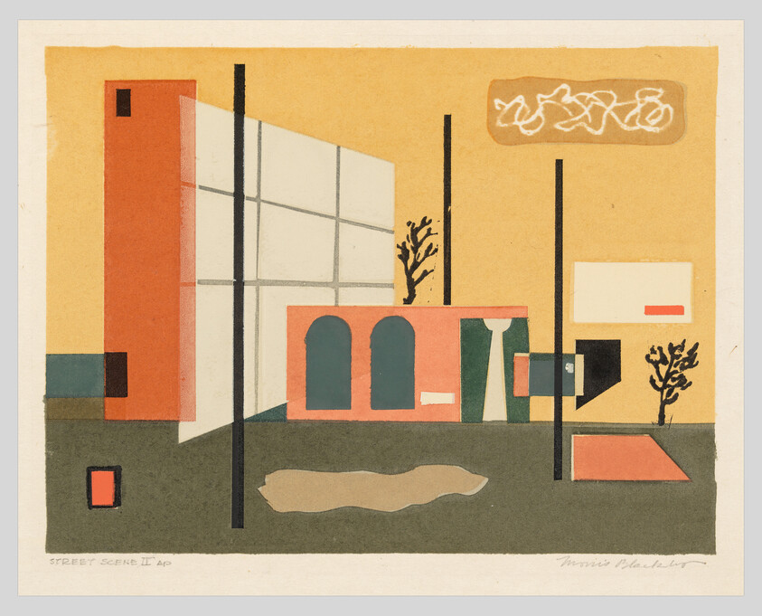 Simplified blocky buildings and poles form a stylized street scene with trees and a puddle.