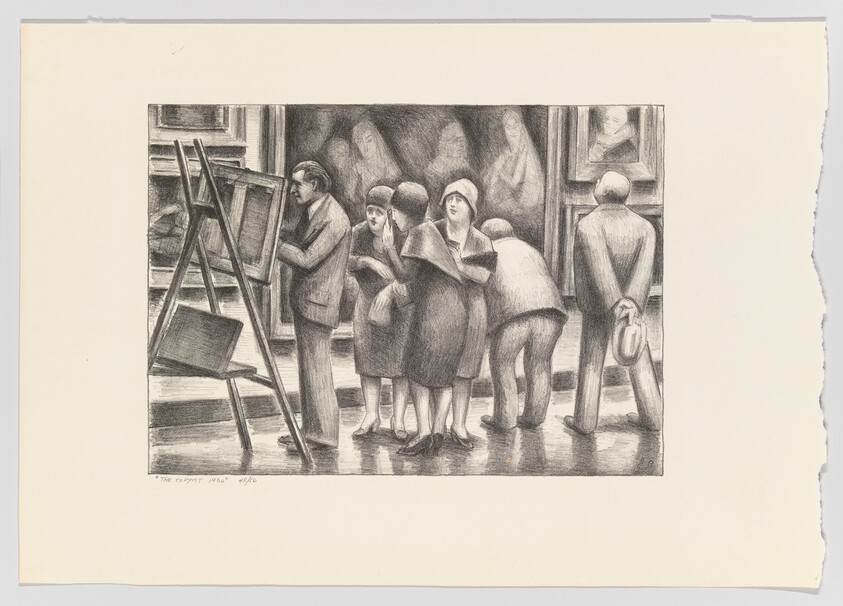 A black and white sketch depicting a group of people in an art gallery. Several individuals are closely observing paintings, while one person is standing in front of an easel, possibly an artist. The scene conveys a sense of quiet contemplation and interest in the artwork displayed. The image is titled "The Cynics 1930" and numbered 4/10, suggesting it is part of a limited series.
