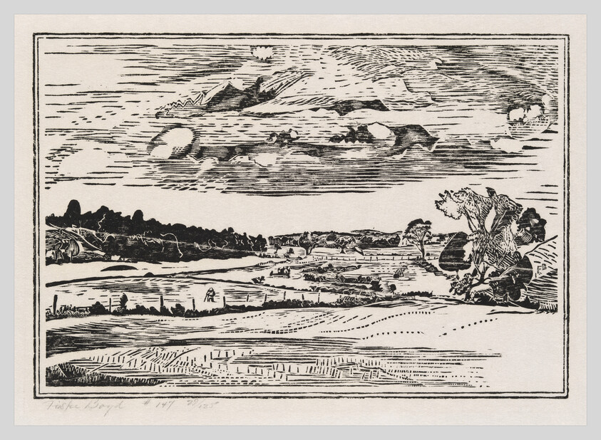 A black-and-white woodcut landscape showing rolling fields, distant trees, and a cloud-filled sky.