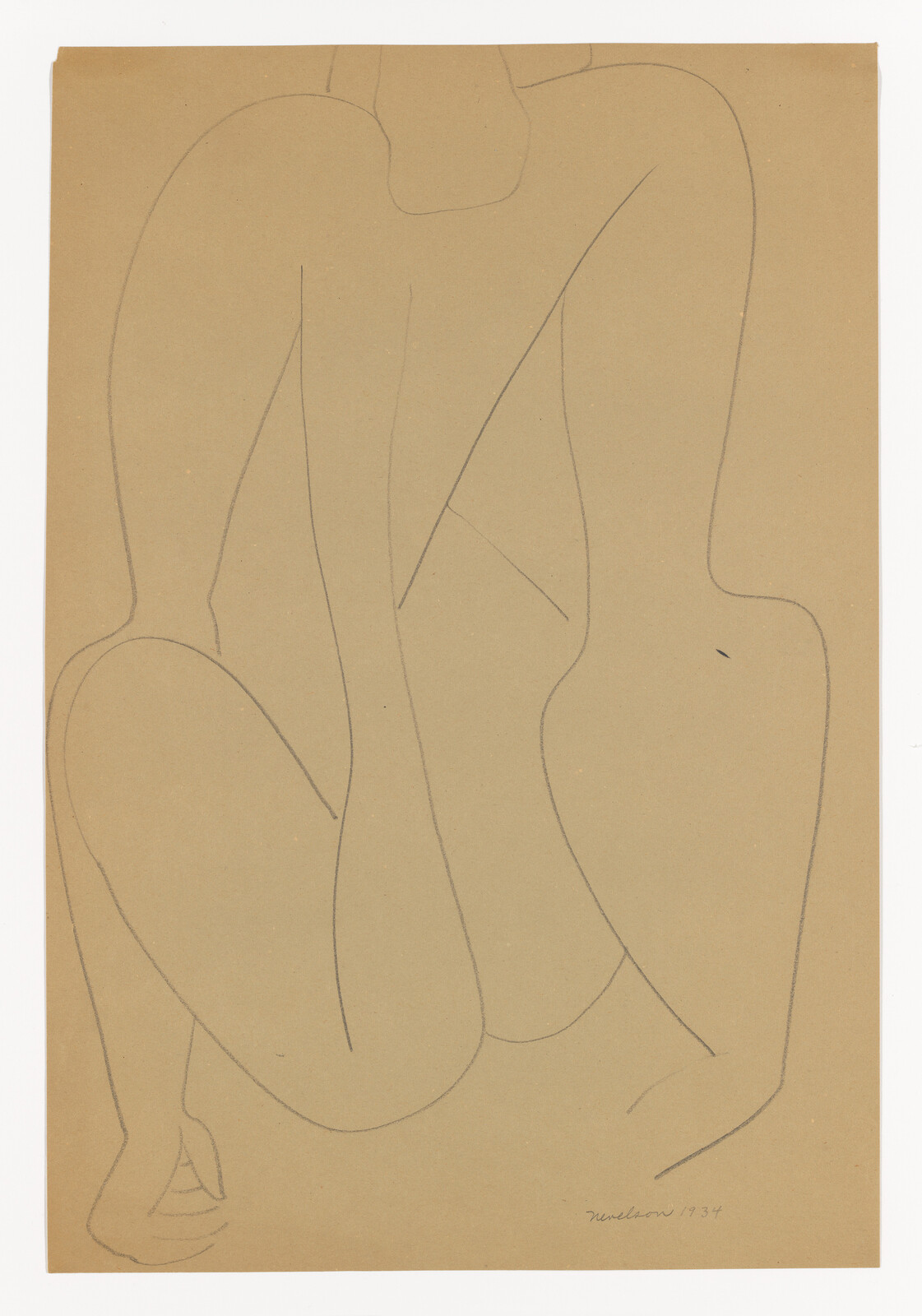 Minimal pencil drawing showing a simplified crouching nude figure on tan paper.