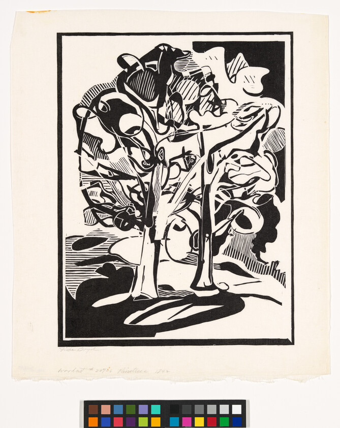 Stylized black-and-white print showing two abstract trees with bold, curving lines and shadows.