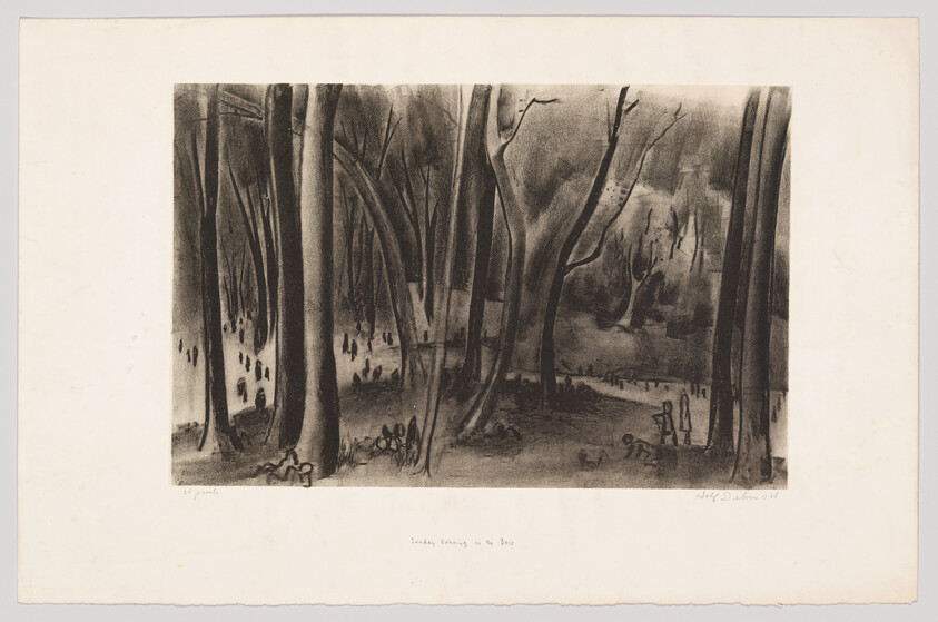 Tall leafless trees stand in a dark forest with small figures walking along a path.