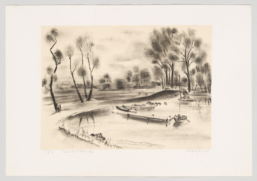 Small rowboats moored along a calm riverbank with tall trees in the background.
