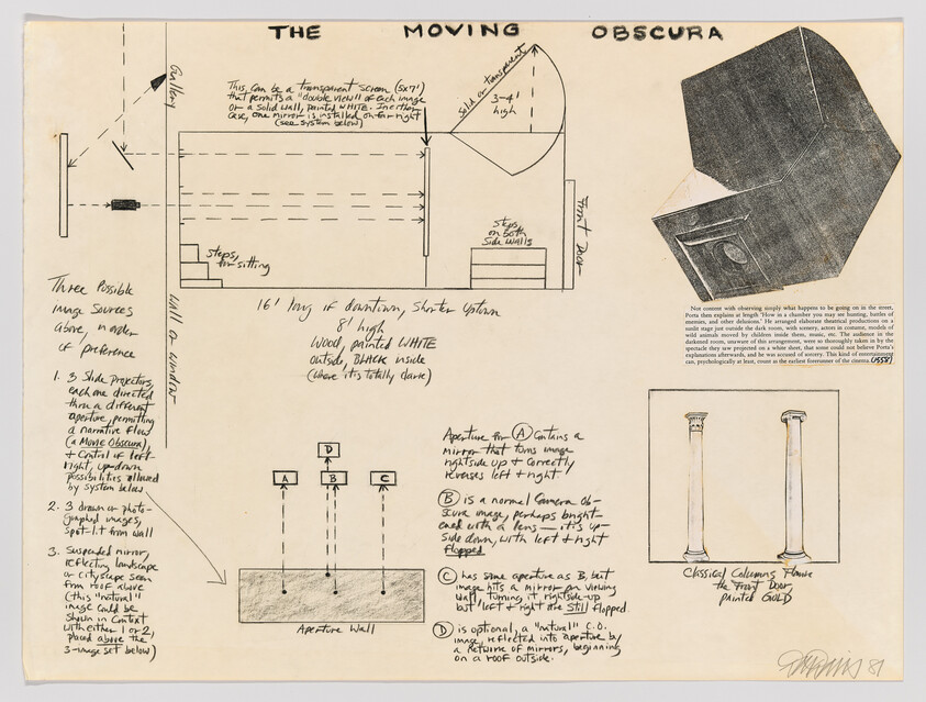 Hand-drawn schematic and notes illustrating a camera obscura setup titled The Moving Obscura.