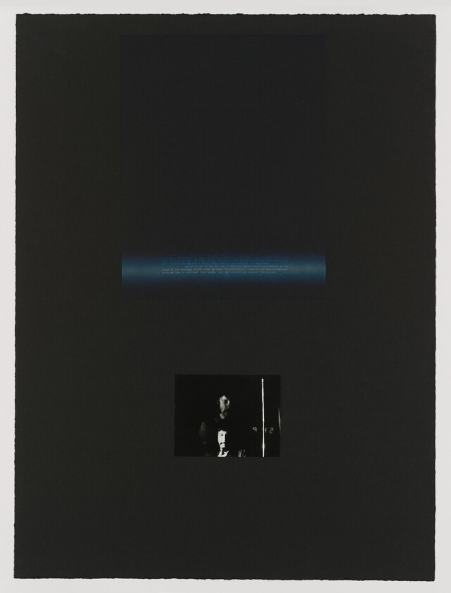 Small black-and-white portrait of two people below a faint blue horizontal band on a dark background.