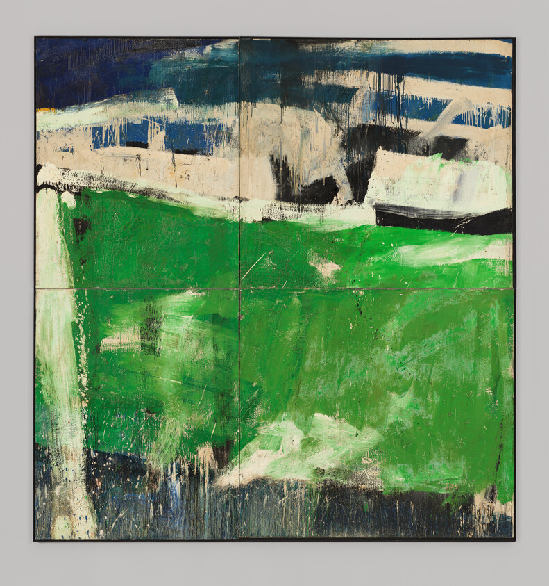 Large abstract painting showing a broad green field with rough brushstrokes and a blue-beige sky.