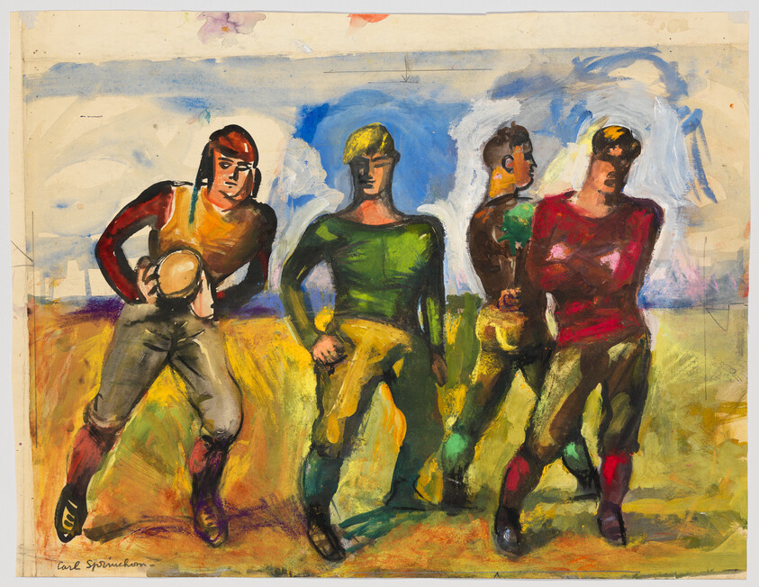 Four American football players stand on a field, one holding a football at left.