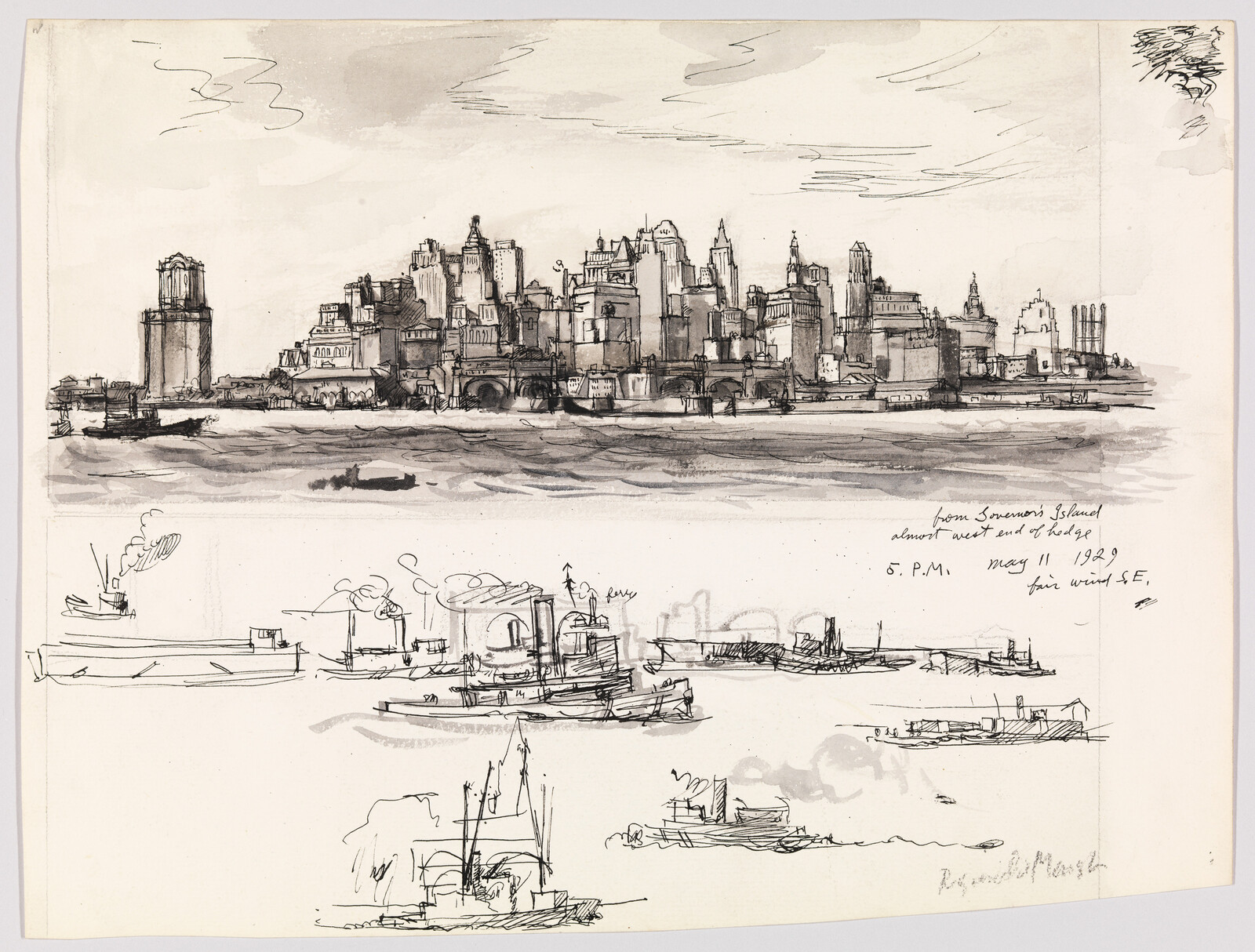 Pen-and-ink sketch of a dense city skyline across water with several small boats in foreground.