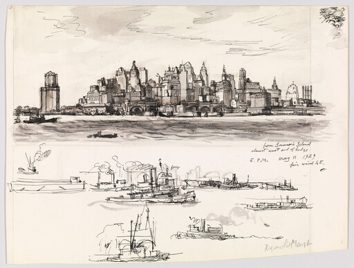 Pen-and-ink sketch of a dense city skyline across water with several small boats in foreground.